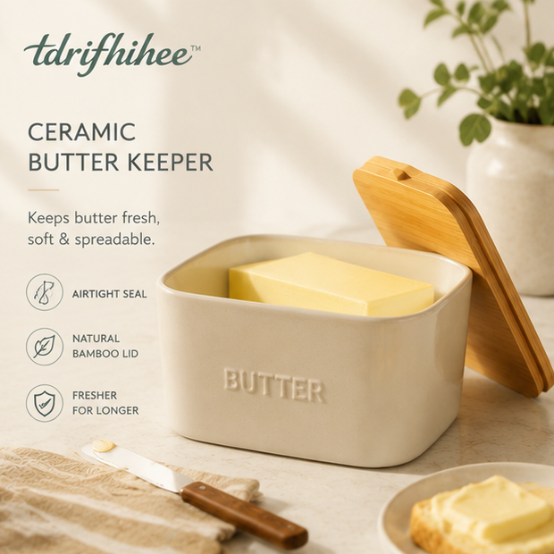 tdrifhihee™ Ceramic Butter Keeper with Bamboo Lid | French Butter Crock | Countertop Kitchen Storage Jar