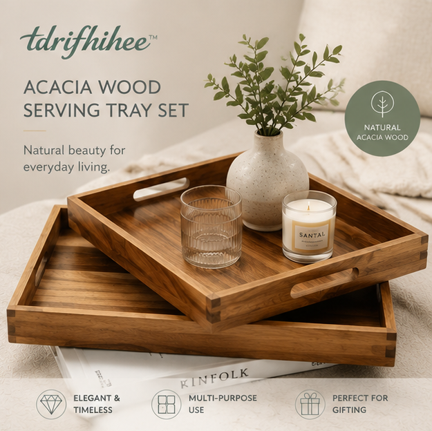 tdrifhihee™ Acacia Wood Serving Tray Set | Decorative Ottoman Tray | Modern Coffee Table Organizer