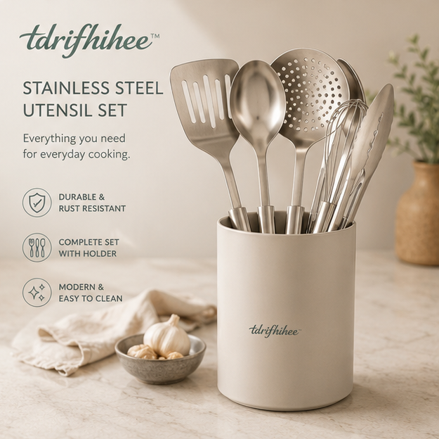 tdrifhihee™ Stainless Steel Kitchen Utensil Set | Modern Cooking Tools with Holder