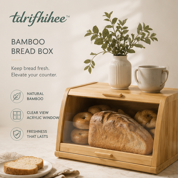 tdrifhihee™ Bamboo Bread Box with Acrylic Window | Countertop Bread Storage Bin